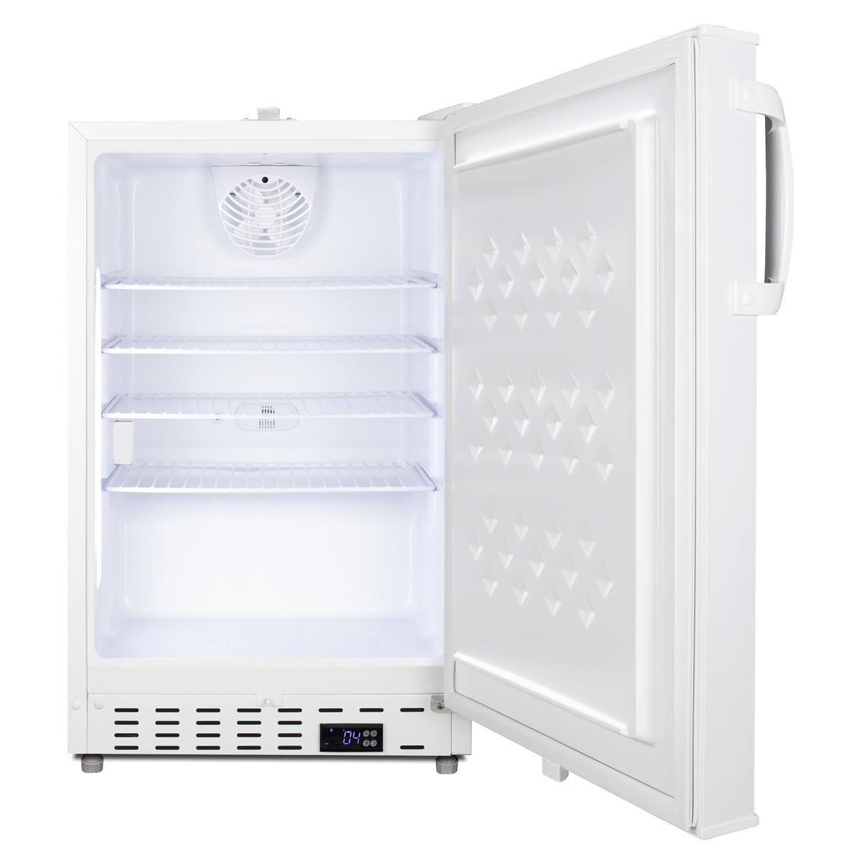 Built-in undercounter ADA compliant +2 C to +8 C all-refrigerator in white with lock, digital controls, wire shelving, hospital cord with 'green dot' plug, NIST calibrated thermometer with alarm, and automatic defrost operation